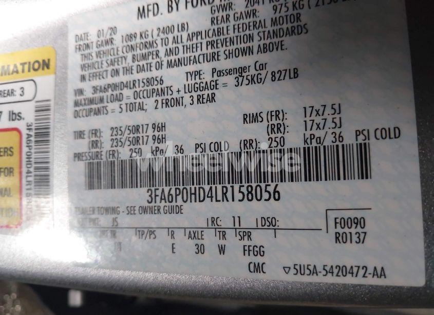 Photo 9 of 2020 Ford Fusion SE (VIN 3FA6P0HD4LR158056)