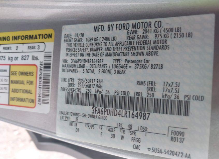 Photo 9 of 2020 Ford Fusion SE (VIN 3FA6P0HD4LR164987)