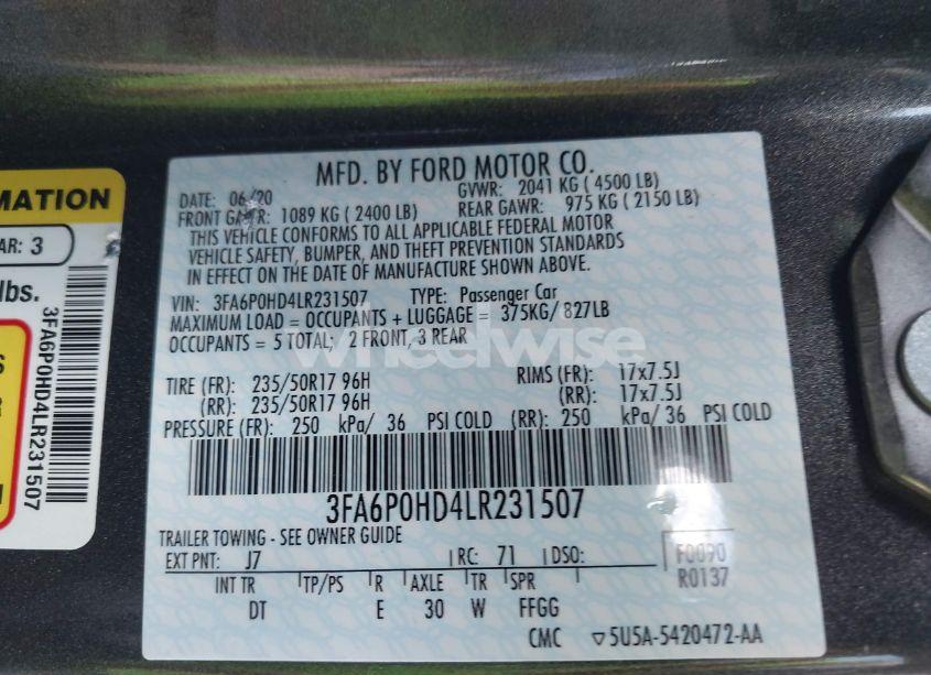 Photo 9 of 2020 Ford Fusion SE (VIN 3FA6P0HD4LR231507)