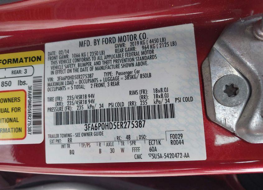 Photo 9 of 2014 Ford Fusion SE (VIN 3FA6P0HD5ER275387)