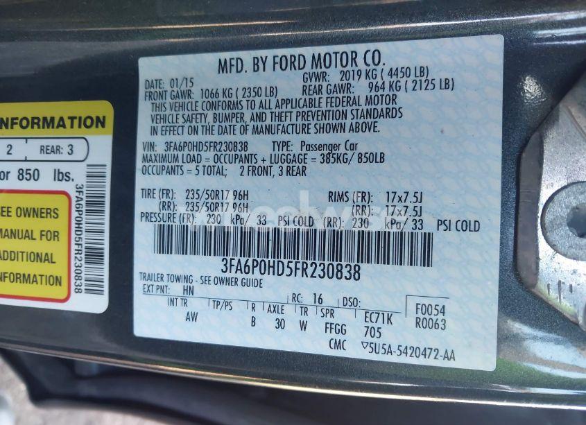 Photo 9 of 2015 Ford Fusion SE (VIN 3FA6P0HD5FR230838)