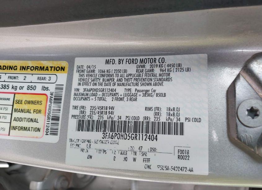 Photo 9 of 2016 Ford Fusion SE (VIN 3FA6P0HD5GR112404)