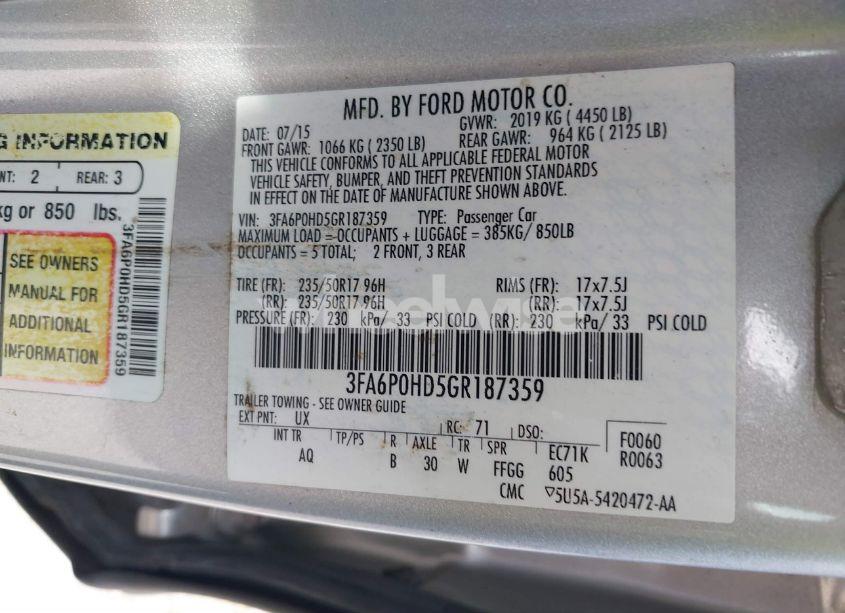 Photo 9 of 2016 Ford Fusion SE (VIN 3FA6P0HD5GR187359)