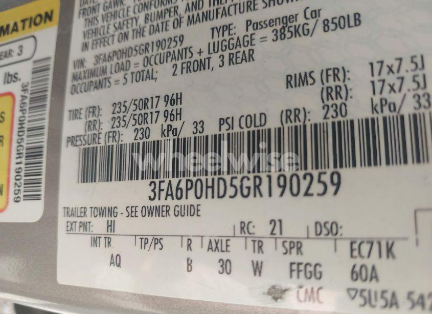 Photo 9 of 2016 Ford Fusion SE (VIN 3FA6P0HD5GR190259)