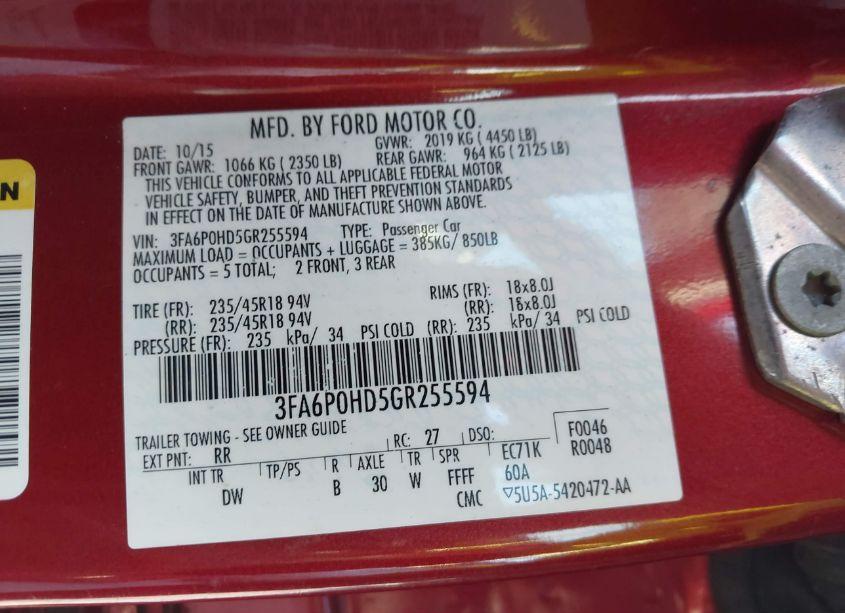 Photo 9 of 2016 Ford Fusion SE (VIN 3FA6P0HD5GR255594)