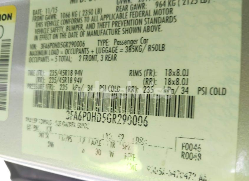 Photo 9 of 2016 Ford Fusion SE (VIN 3FA6P0HD5GR290006)