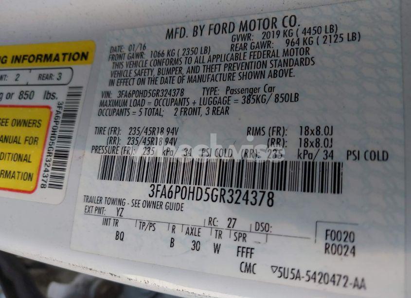 Photo 9 of 2016 Ford Fusion SE (VIN 3FA6P0HD5GR324378)