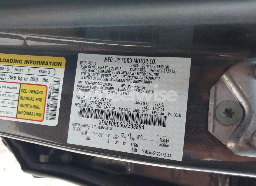 Photo 9 of 2016 Ford Fusion SE (VIN 3FA6P0HD5GR338894)