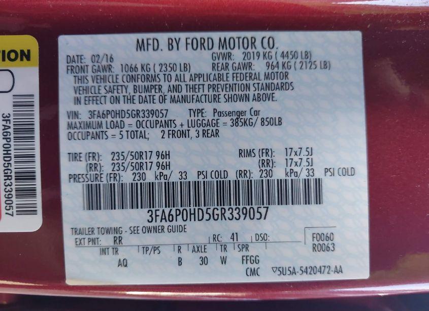 Photo 9 of 2016 Ford Fusion SE (VIN 3FA6P0HD5GR339057)