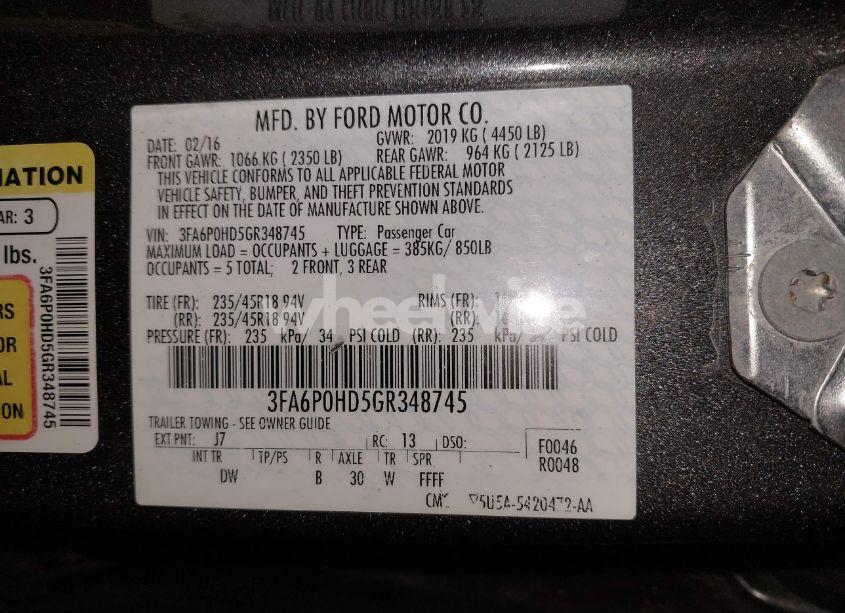 Photo 9 of 2016 Ford Fusion SE (VIN 3FA6P0HD5GR348745)