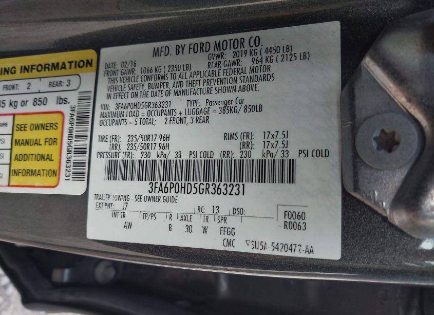 Photo 9 of 2016 Ford Fusion SE (VIN 3FA6P0HD5GR363231)