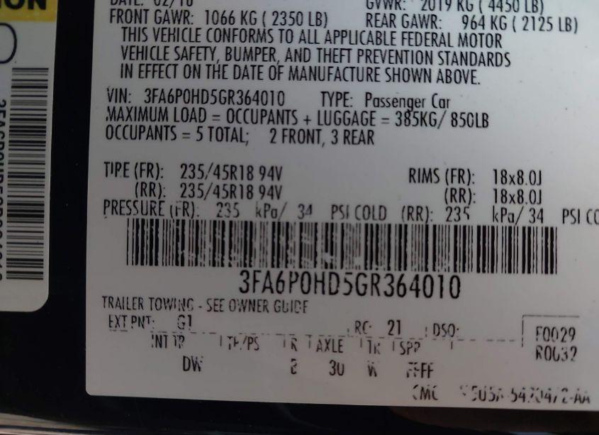 Photo 9 of 2016 Ford Fusion SE (VIN 3FA6P0HD5GR364010)