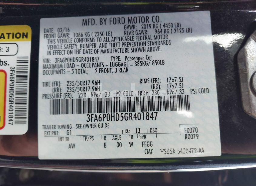 Photo 9 of 2016 Ford Fusion SE (VIN 3FA6P0HD5GR401847)