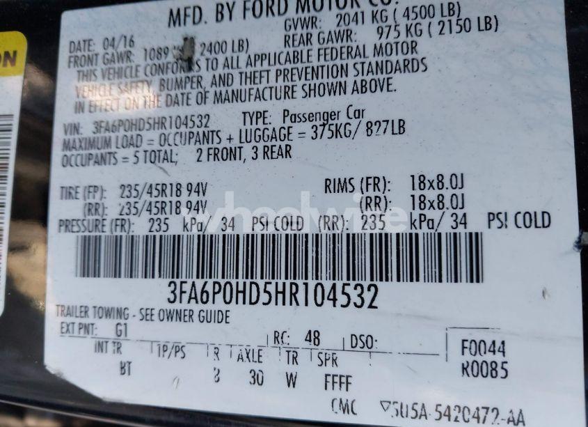 Photo 9 of 2017 Ford Fusion SE (VIN 3FA6P0HD5HR104532)