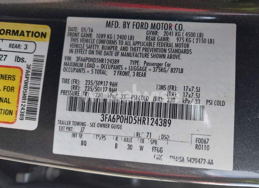 Photo 9 of 2017 Ford Fusion SE (VIN 3FA6P0HD5HR124389)