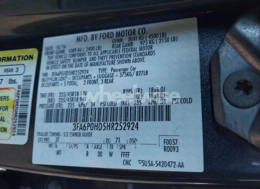 Photo 9 of 2017 Ford Fusion SE (VIN 3FA6P0HD5HR252924)