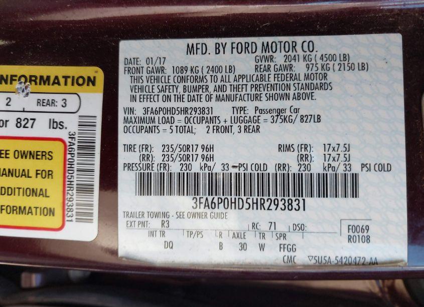 Photo 9 of 2017 Ford Fusion SE (VIN 3FA6P0HD5HR293831)