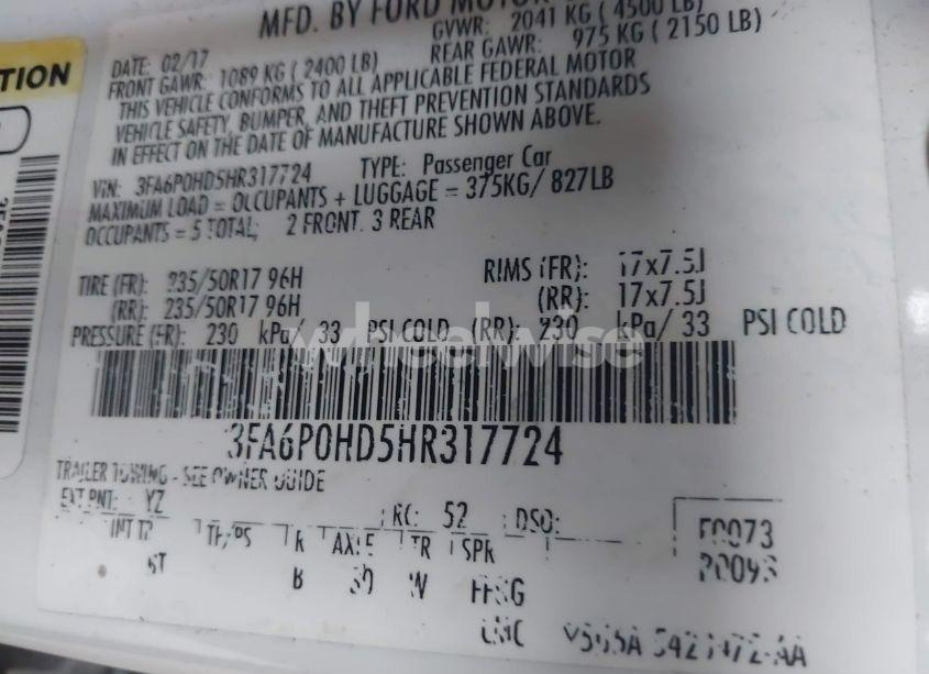 Photo 9 of 2017 Ford Fusion SE (VIN 3FA6P0HD5HR317724)