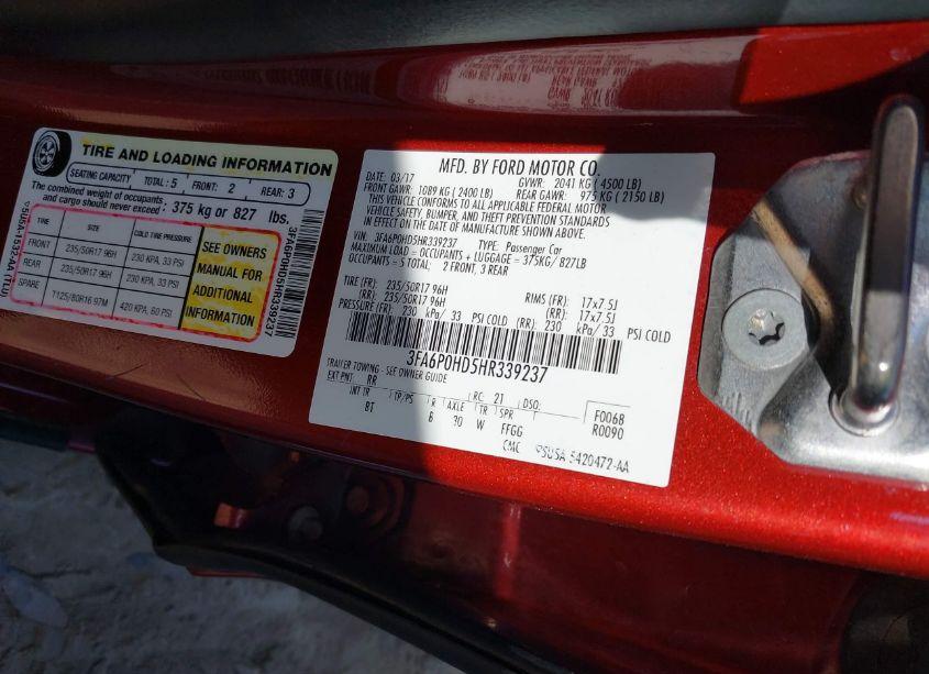 Photo 9 of 2017 Ford Fusion SE (VIN 3FA6P0HD5HR339237)