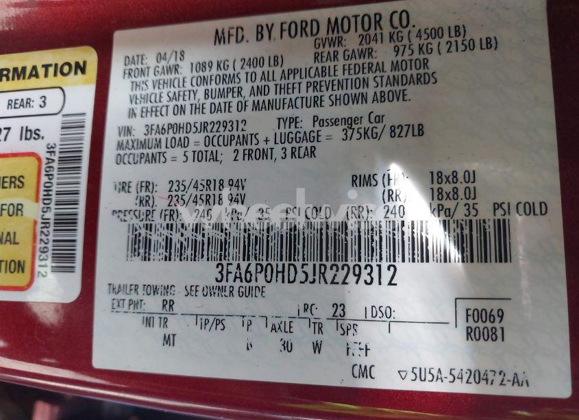 Photo 9 of 2018 Ford Fusion SE (VIN 3FA6P0HD5JR229312)