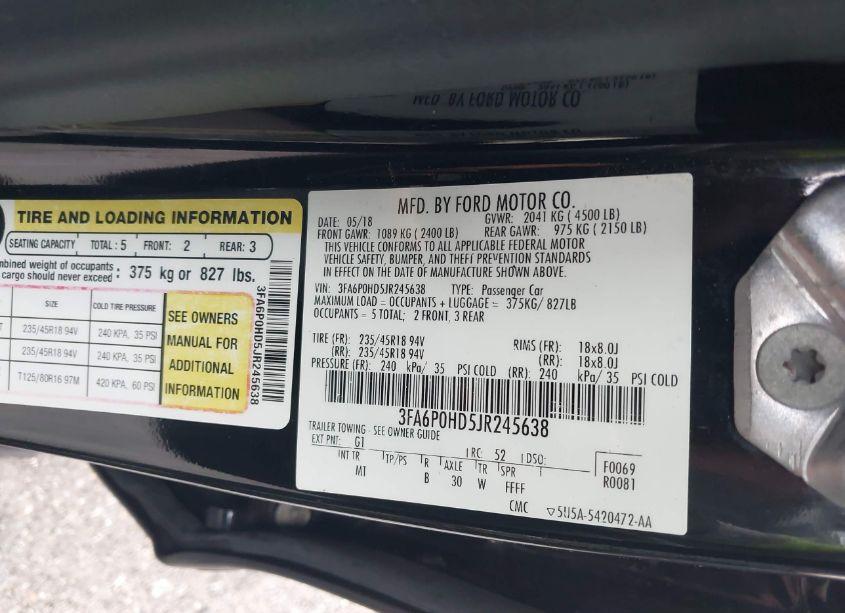 Photo 9 of 2018 Ford Fusion SE (VIN 3FA6P0HD5JR245638)