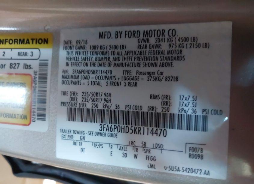 Photo 9 of 2019 Ford Fusion SE (VIN 3FA6P0HD5KR114470)