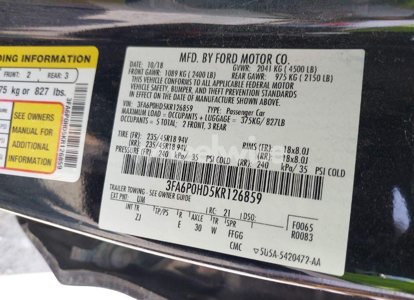 Photo 9 of 2019 Ford Fusion SE (VIN 3FA6P0HD5KR126859)