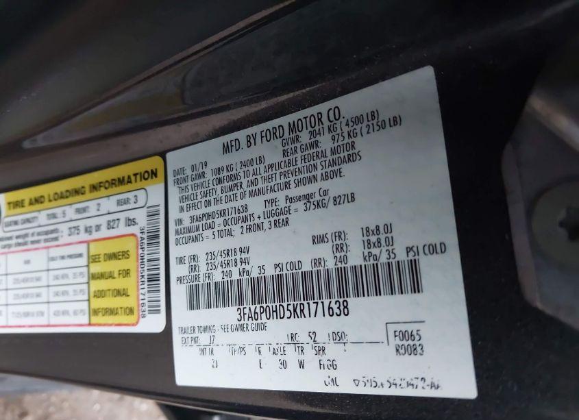 Photo 9 of 2019 Ford Fusion SE (VIN 3FA6P0HD5KR171638)