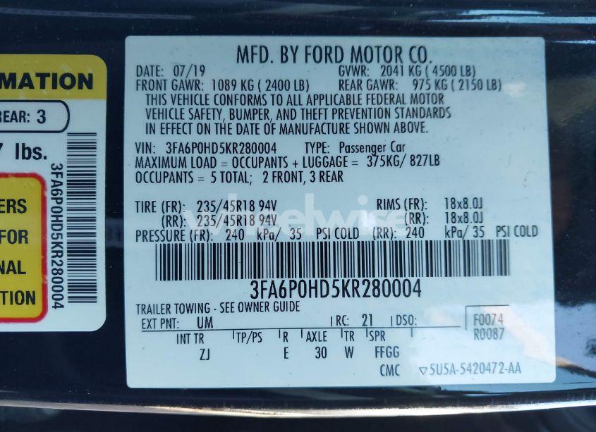 Photo 9 of 2019 Ford Fusion SE (VIN 3FA6P0HD5KR280004)