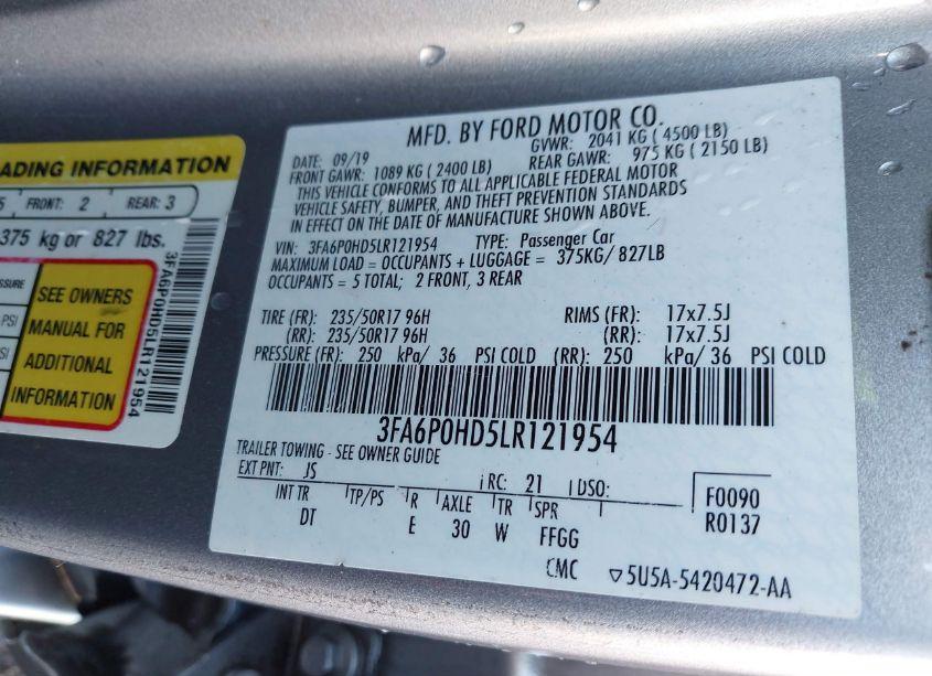 Photo 9 of 2020 Ford Fusion SE (VIN 3FA6P0HD5LR121954)