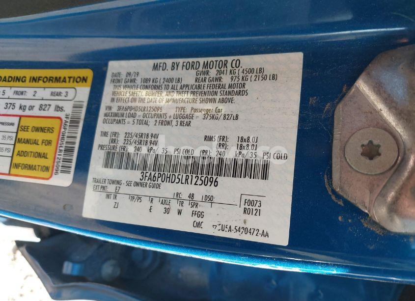 Photo 9 of 2020 Ford Fusion SE (VIN 3FA6P0HD5LR125096)