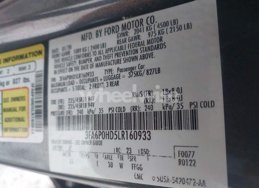 Photo 9 of 2020 Ford Fusion SE (VIN 3FA6P0HD5LR160933)