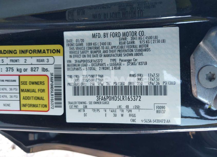 Photo 9 of 2020 Ford Fusion SE (VIN 3FA6P0HD5LR165372)