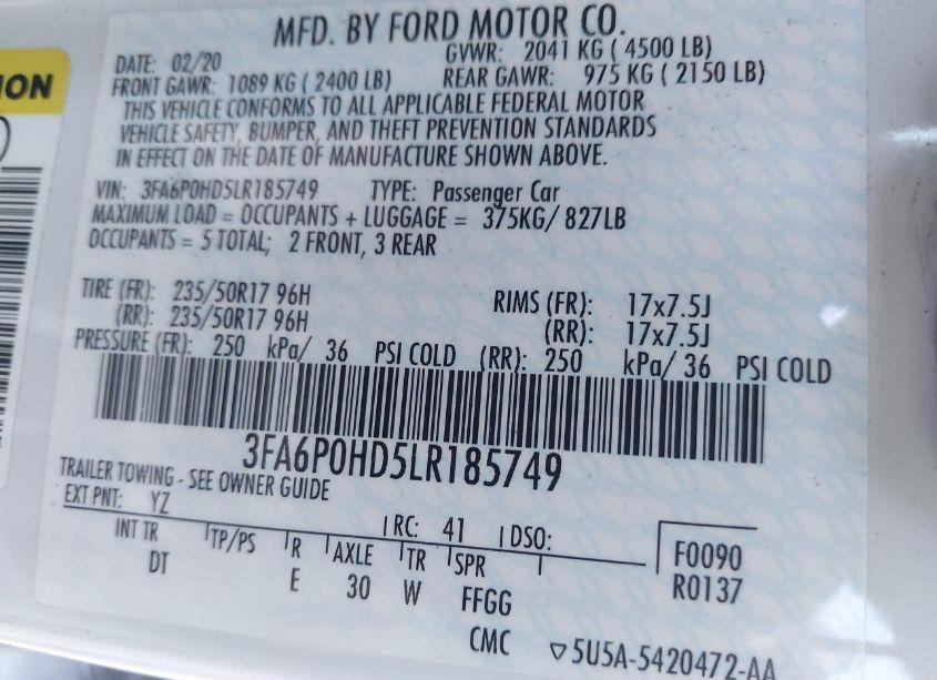 Photo 9 of 2020 Ford Fusion SE (VIN 3FA6P0HD5LR185749)