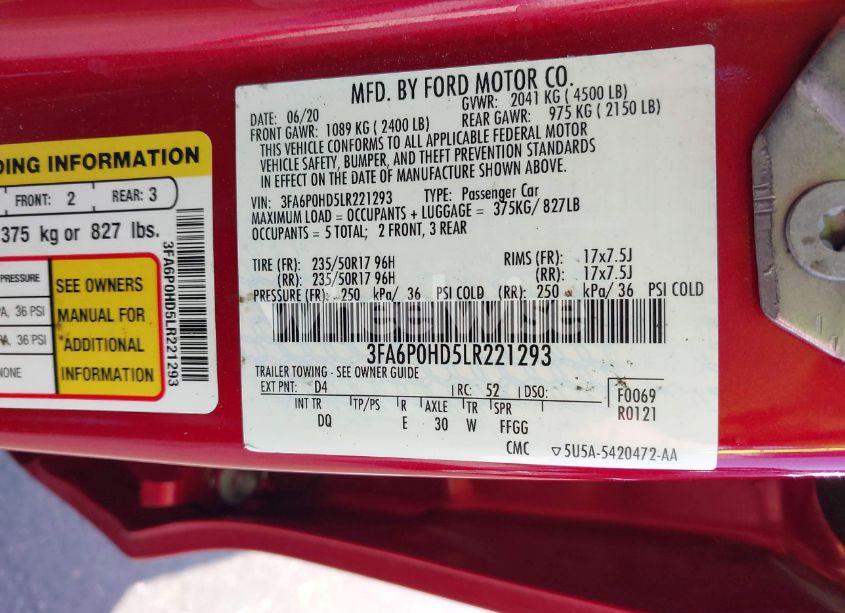 Photo 9 of 2020 Ford Fusion SE (VIN 3FA6P0HD5LR221293)