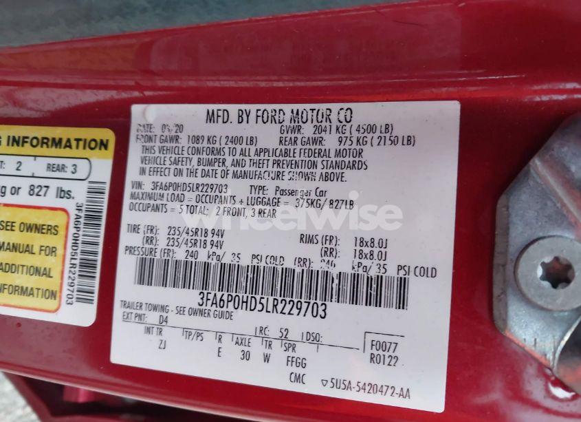 Photo 9 of 2020 Ford Fusion SE (VIN 3FA6P0HD5LR229703)