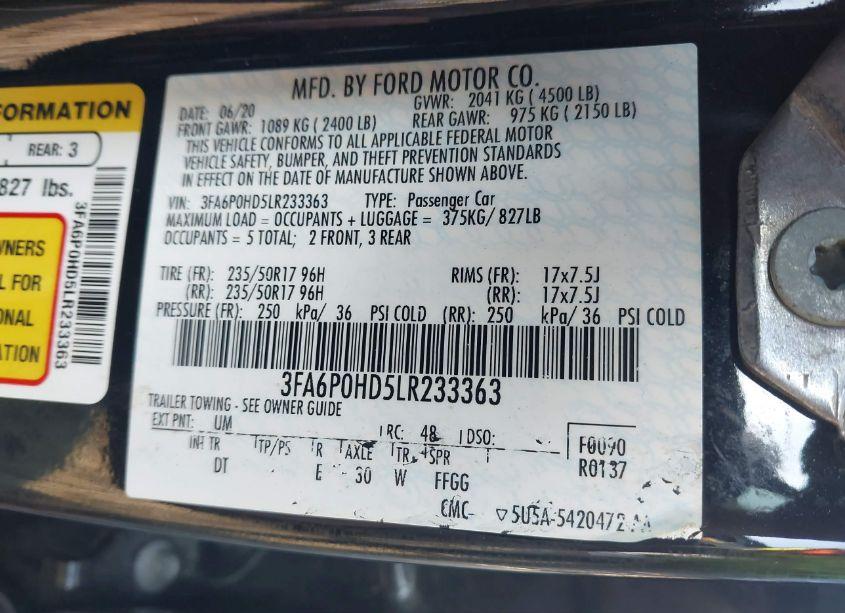 Photo 8 of 2020 Ford Fusion SE (VIN 3FA6P0HD5LR233363)
