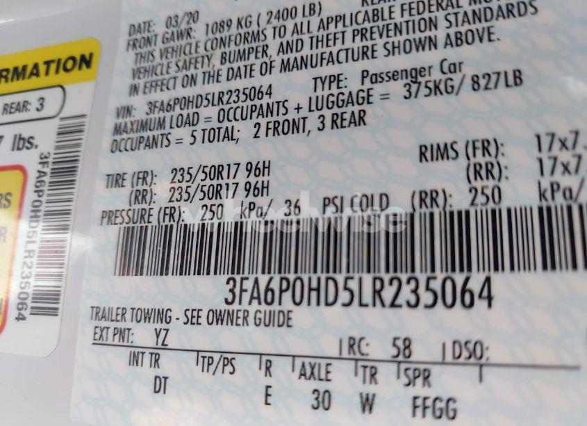 Photo 9 of 2020 Ford Fusion SE (VIN 3FA6P0HD5LR235064)