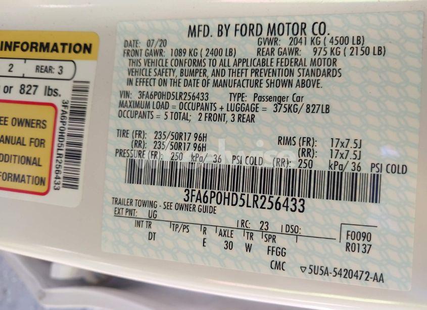 Photo 9 of 2020 Ford Fusion SE (VIN 3FA6P0HD5LR256433)