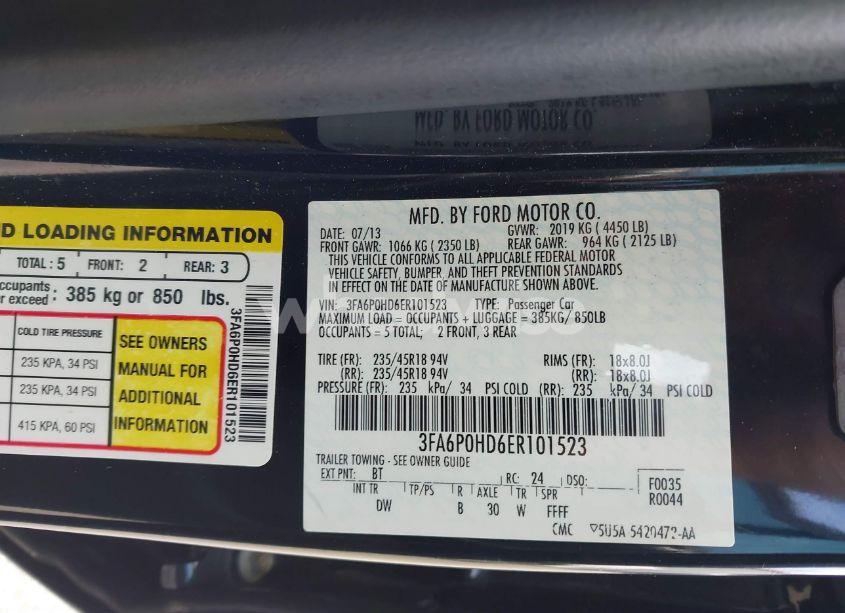 Photo 9 of 2014 Ford Fusion SE (VIN 3FA6P0HD6ER101523)