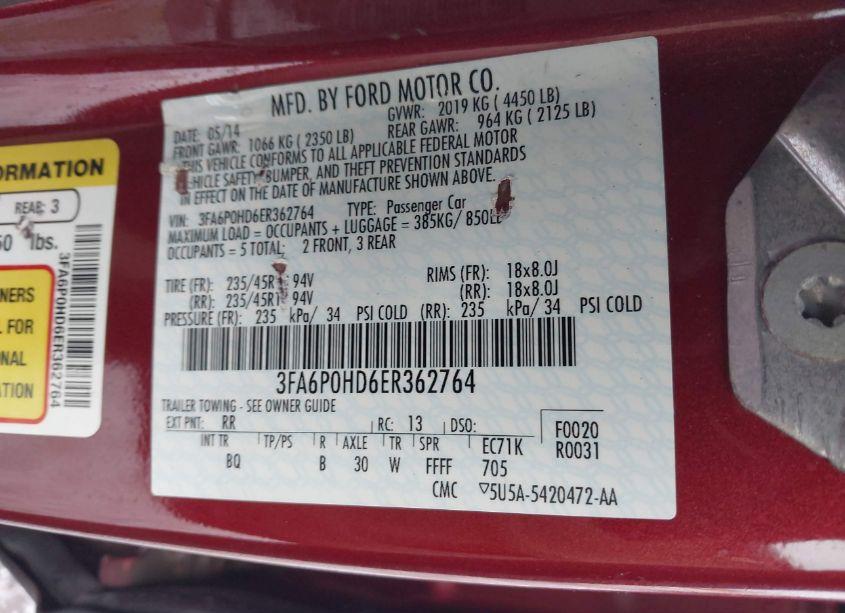 Photo 9 of 2014 Ford Fusion SE (VIN 3FA6P0HD6ER362764)