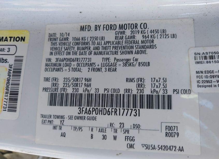 Photo 9 of 2015 Ford Fusion SE (VIN 3FA6P0HD6FR177731)