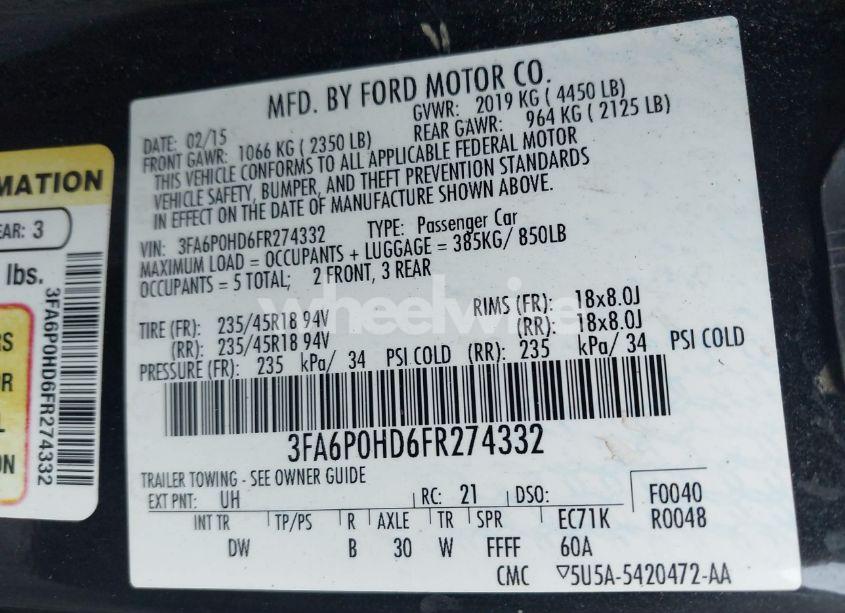 Photo 9 of 2015 Ford Fusion SE (VIN 3FA6P0HD6FR274332)