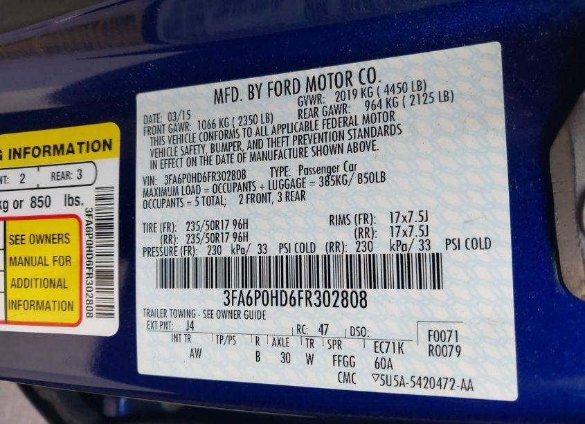Photo 9 of 2015 Ford Fusion SE (VIN 3FA6P0HD6FR302808)