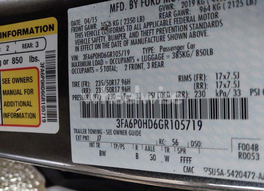 Photo 9 of 2016 Ford Fusion SE (VIN 3FA6P0HD6GR105719)