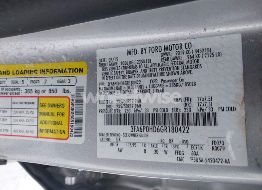 Photo 9 of 2016 Ford Fusion SE (VIN 3FA6P0HD6GR180422)