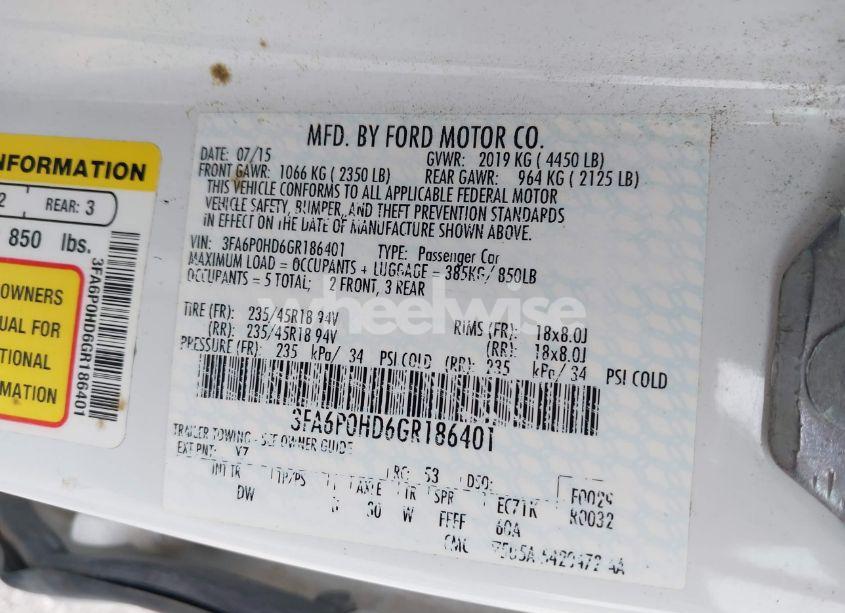 Photo 9 of 2016 Ford Fusion SE (VIN 3FA6P0HD6GR186401)