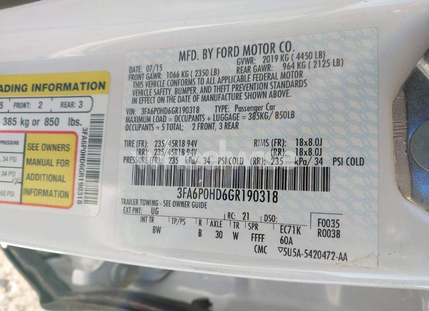 Photo 9 of 2016 Ford Fusion SE (VIN 3FA6P0HD6GR190318)