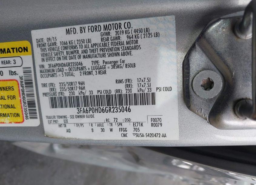 Photo 9 of 2016 Ford Fusion SE (VIN 3FA6P0HD6GR235046)