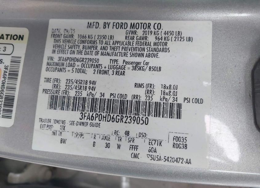 Photo 9 of 2016 Ford Fusion SE (VIN 3FA6P0HD6GR239050)